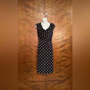 Dressbarn Cowl Neck Pleated Sheath Dress Womens 12 Navy & Tan Polka Dots Knit